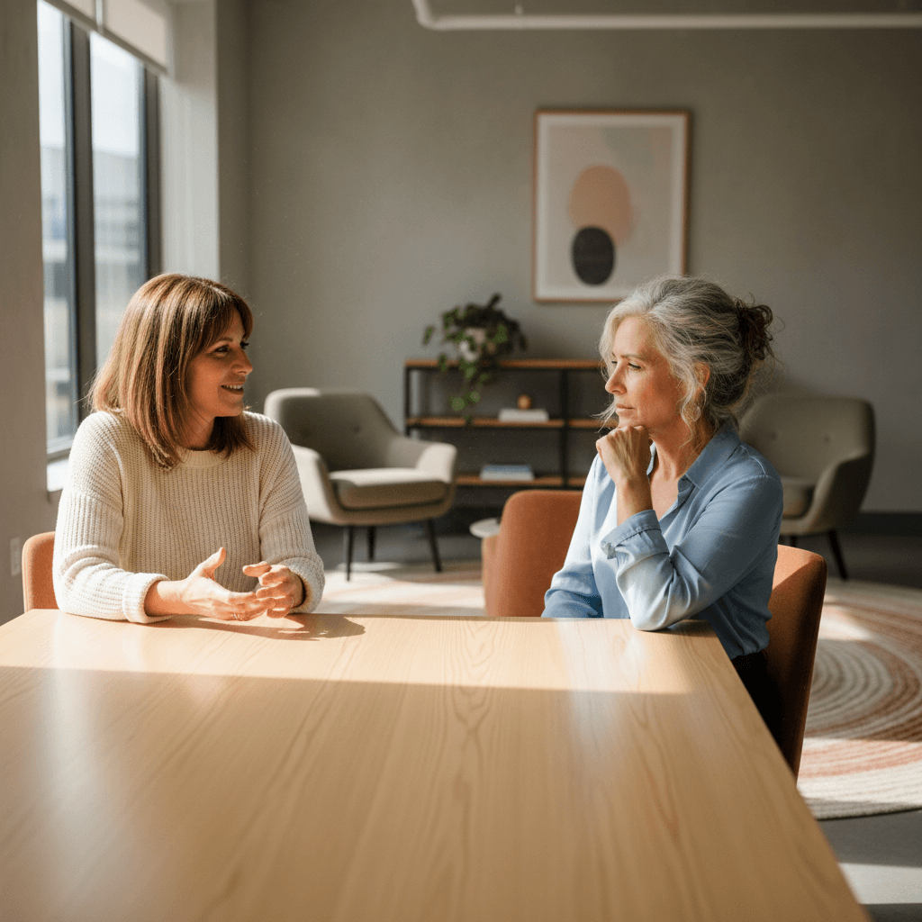 Two entrepreneurs in mentorship conversation, showing genuine connection and trust