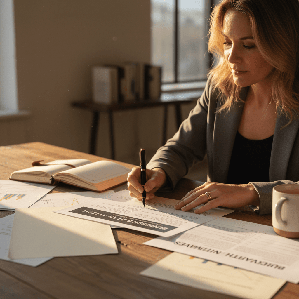 Woman reviewing strategic priorities and business planning documents