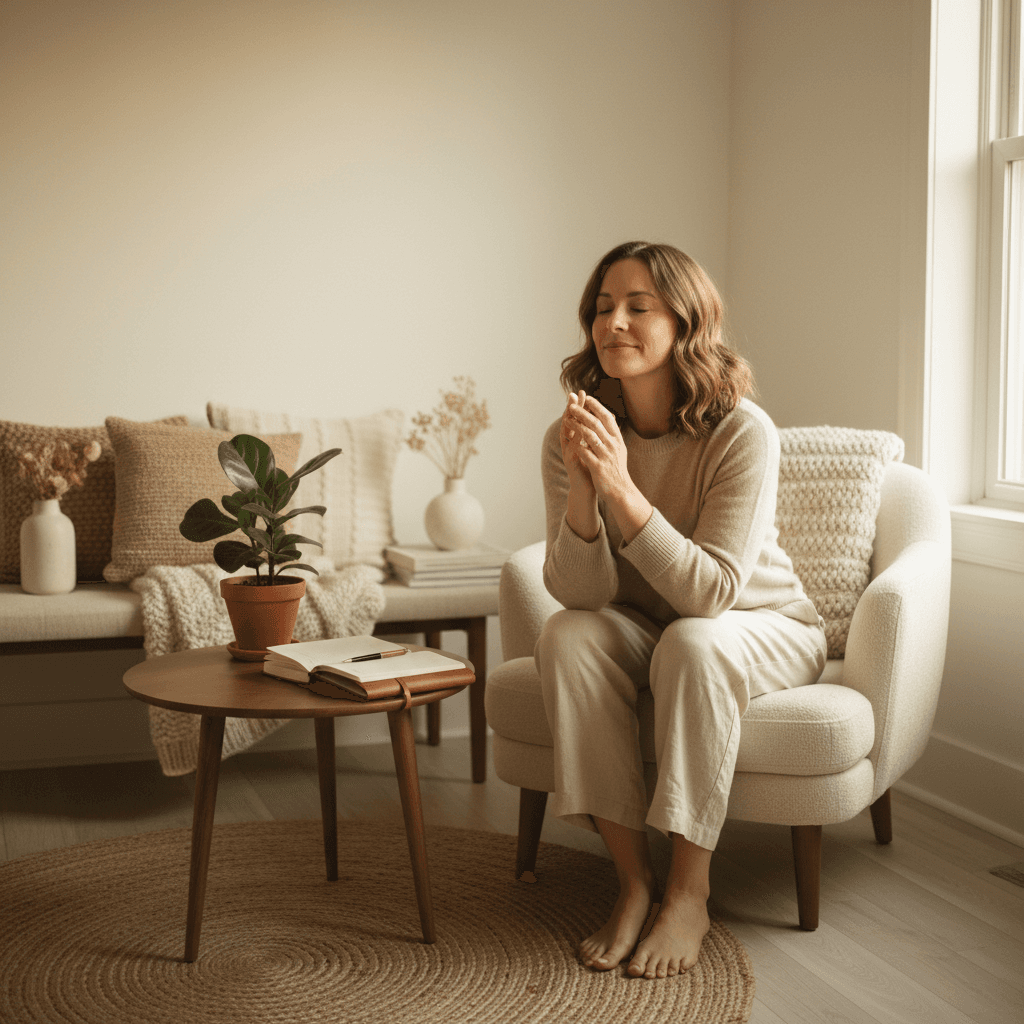 Woman pausing in a calm moment of emotional clarity and presence