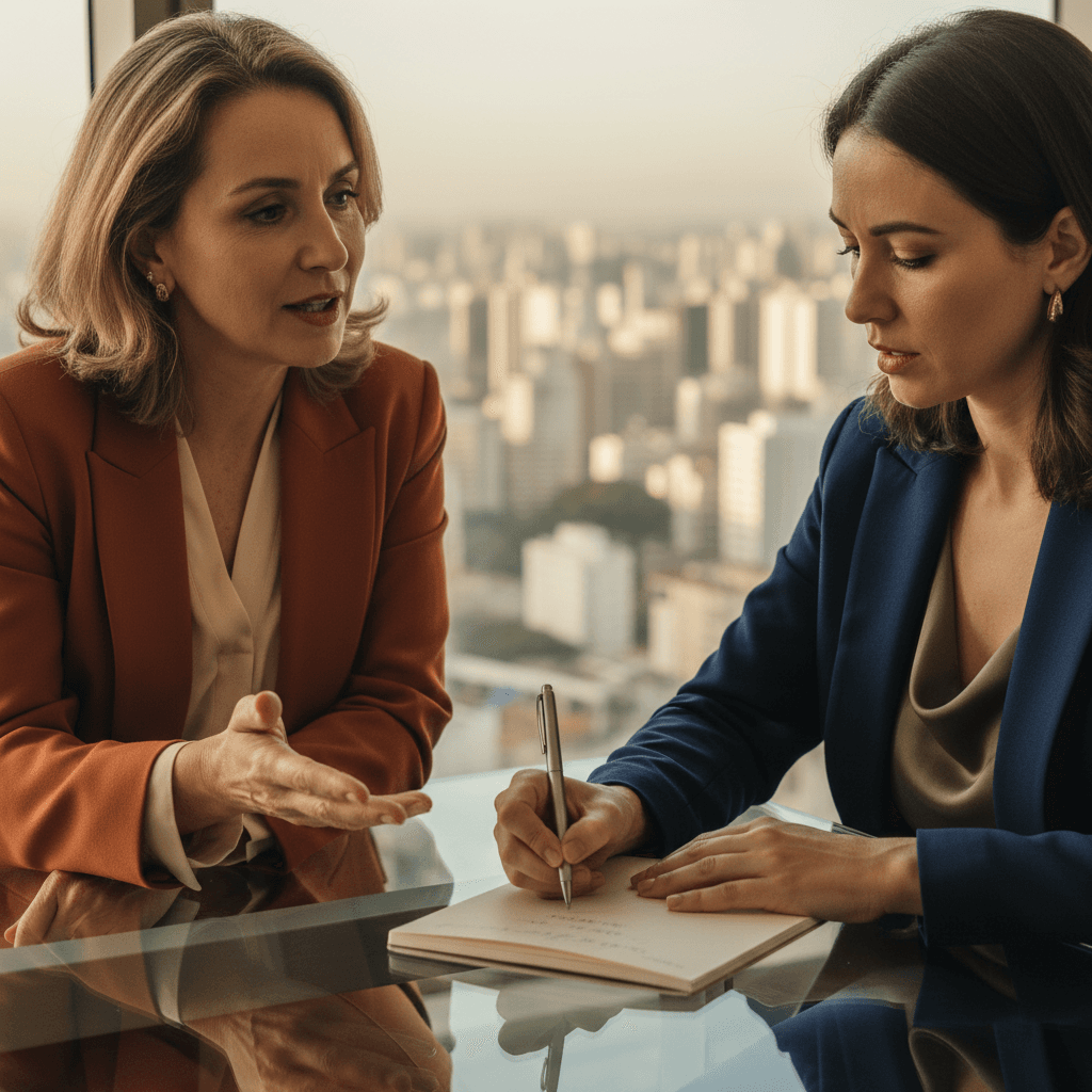 Executive mentor and client in focused strategic conversation