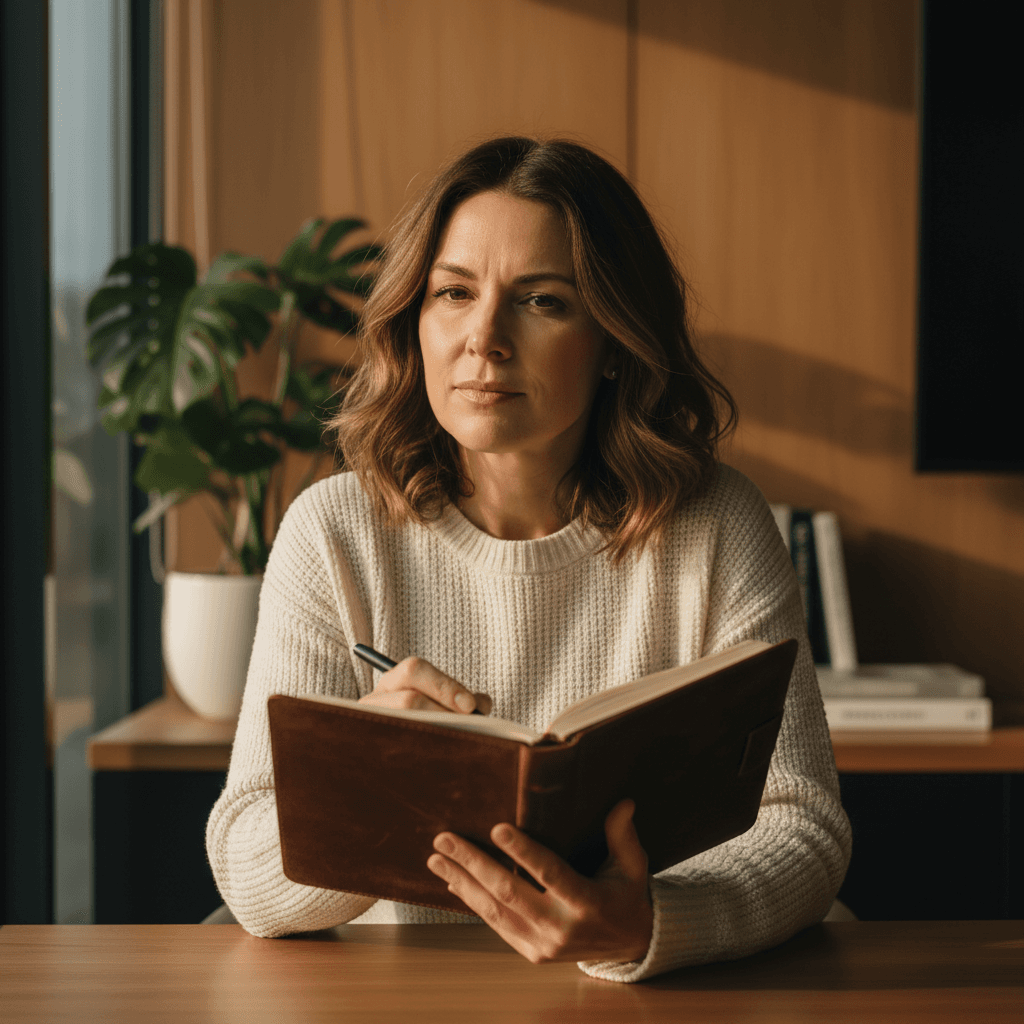 Woman entrepreneur writing in journal with focused clarity