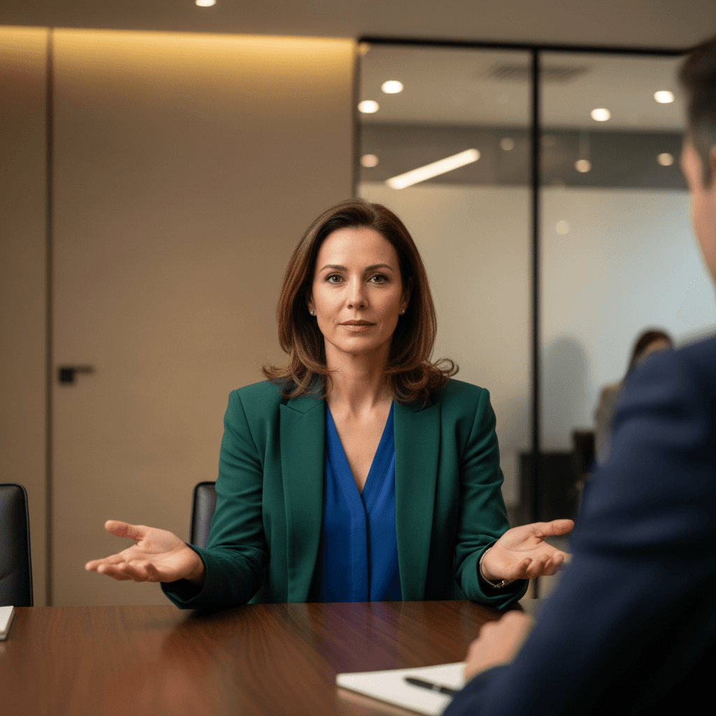 Woman confidently establishing professional boundaries in a meeting