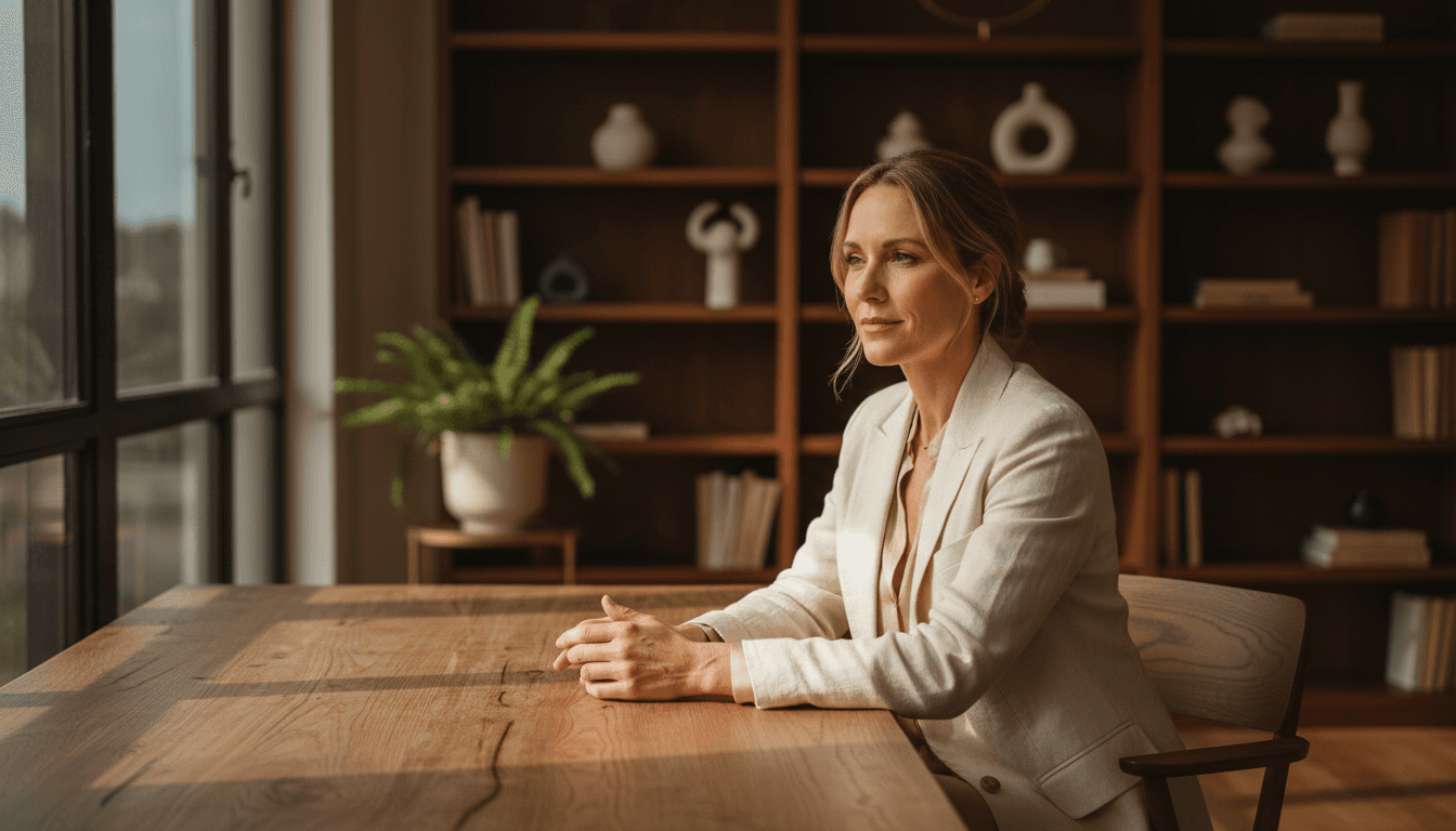 Woman entrepreneur seated at desk in natural light, embodying calm focus and intentional leadership