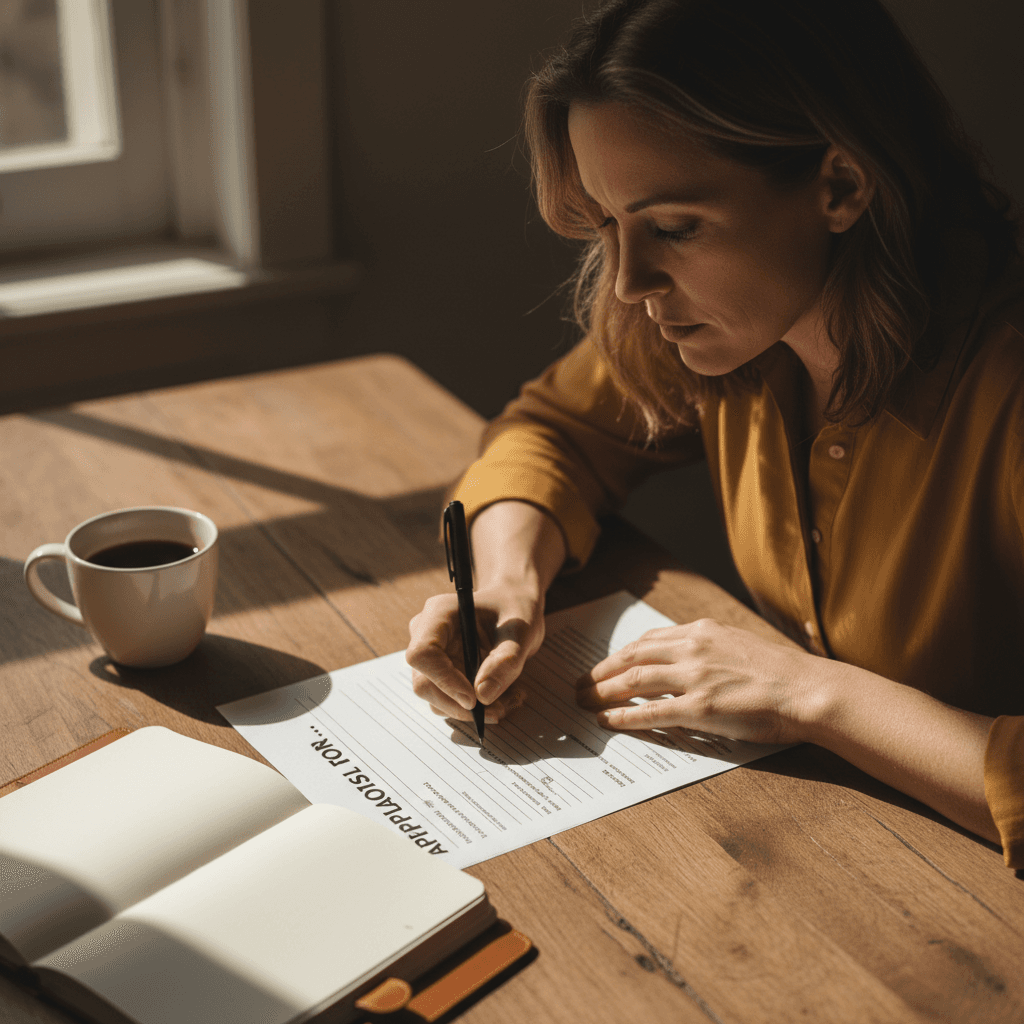 Woman completing mentorship application form at desk