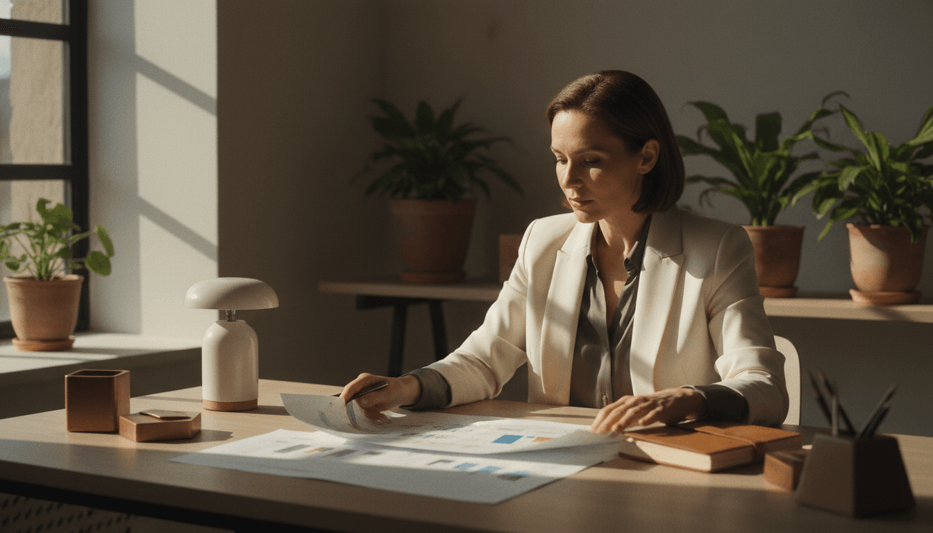Woman leader reviewing strategic mentorship process with calm focus and intentional presence