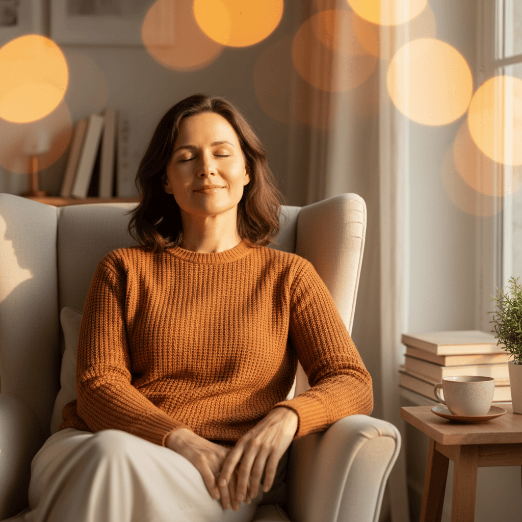 Woman entrepreneur in moment of emotional calm and centeredness