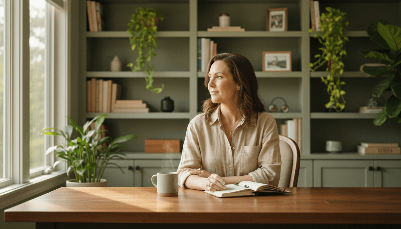 Woman entrepreneur in home office, looking toward window with contemplative expression