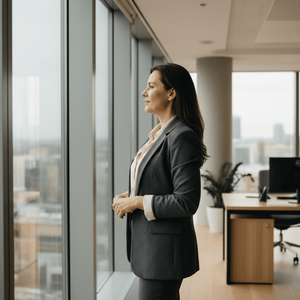 Woman entrepreneur standing confidently at window, embodying healthy boundaries