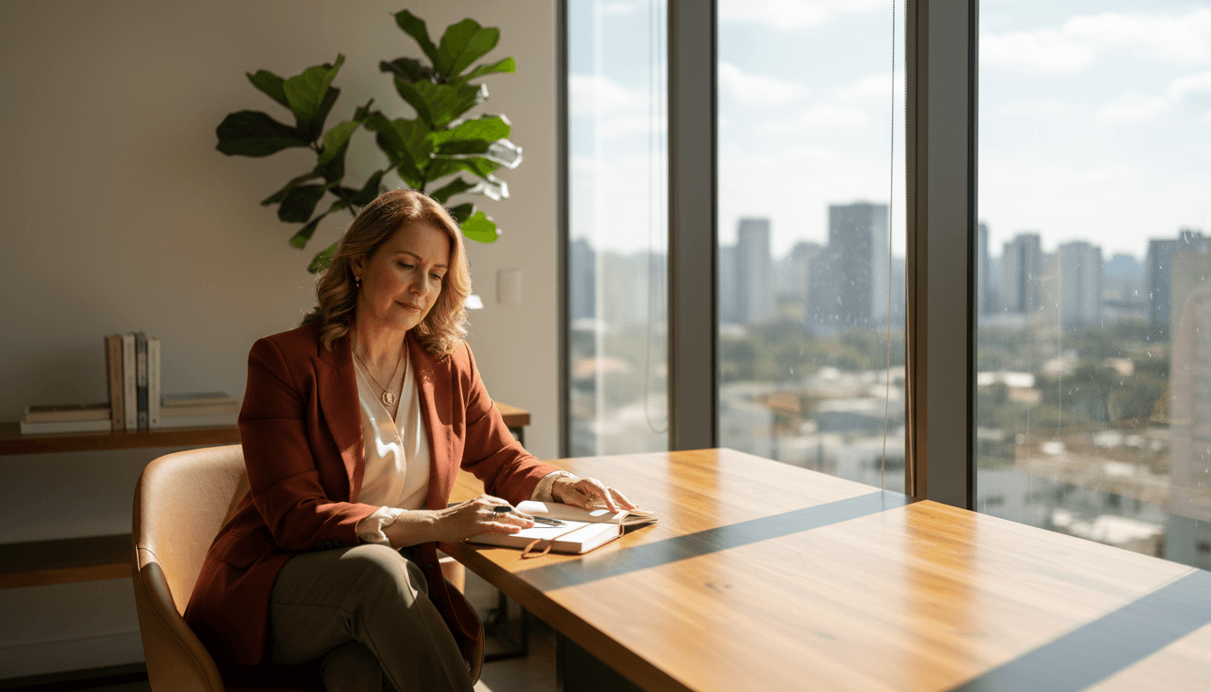 Woman entrepreneur in São Paulo office with calm, composed expression